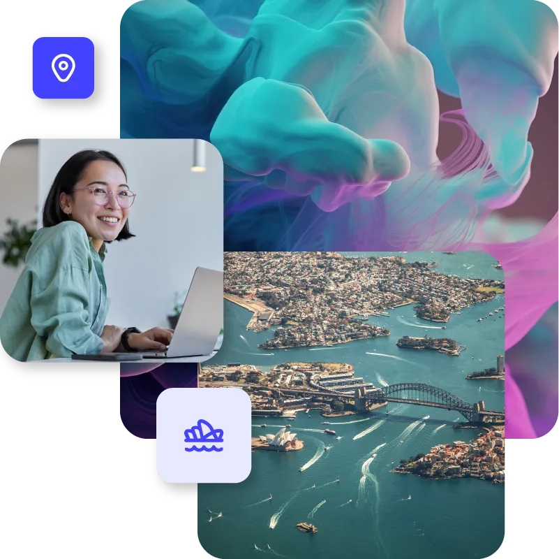 A cheerful woman working on her laptop, paired with a beautiful aerial shot of Sydney Harbor.
