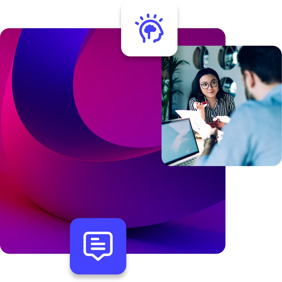 Woman at a business meeting advising client, paired with abstract background and comment icon