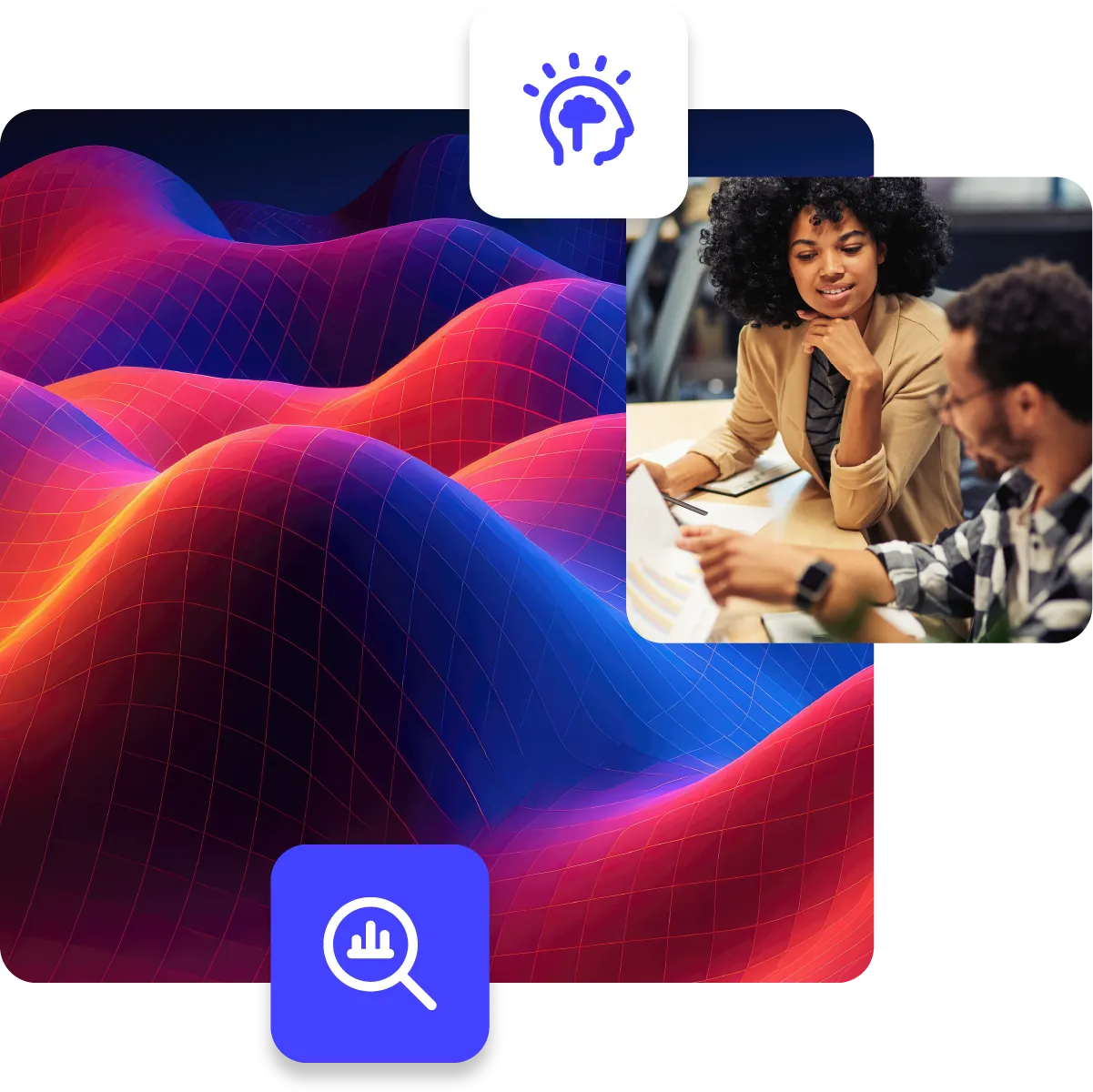 Two coworkers analysing company documents, paired with abstract background and analysis icon