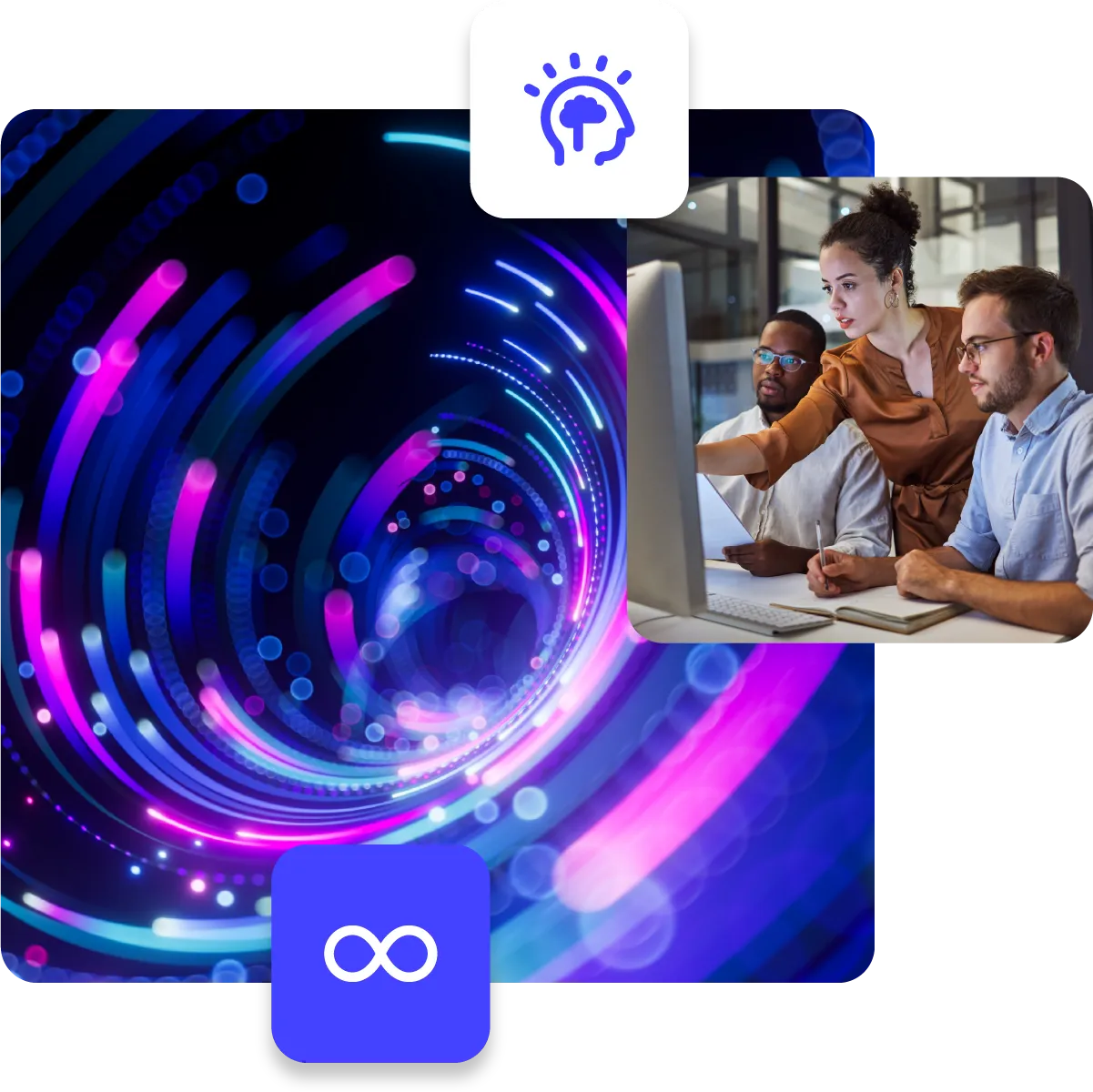 Women and men in an office, gathered around a computer, discussing a project together, paired with abstract background and infinity icon