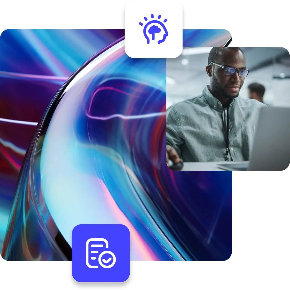 Focused man in an office working on computer, paired with abstract background and document icon