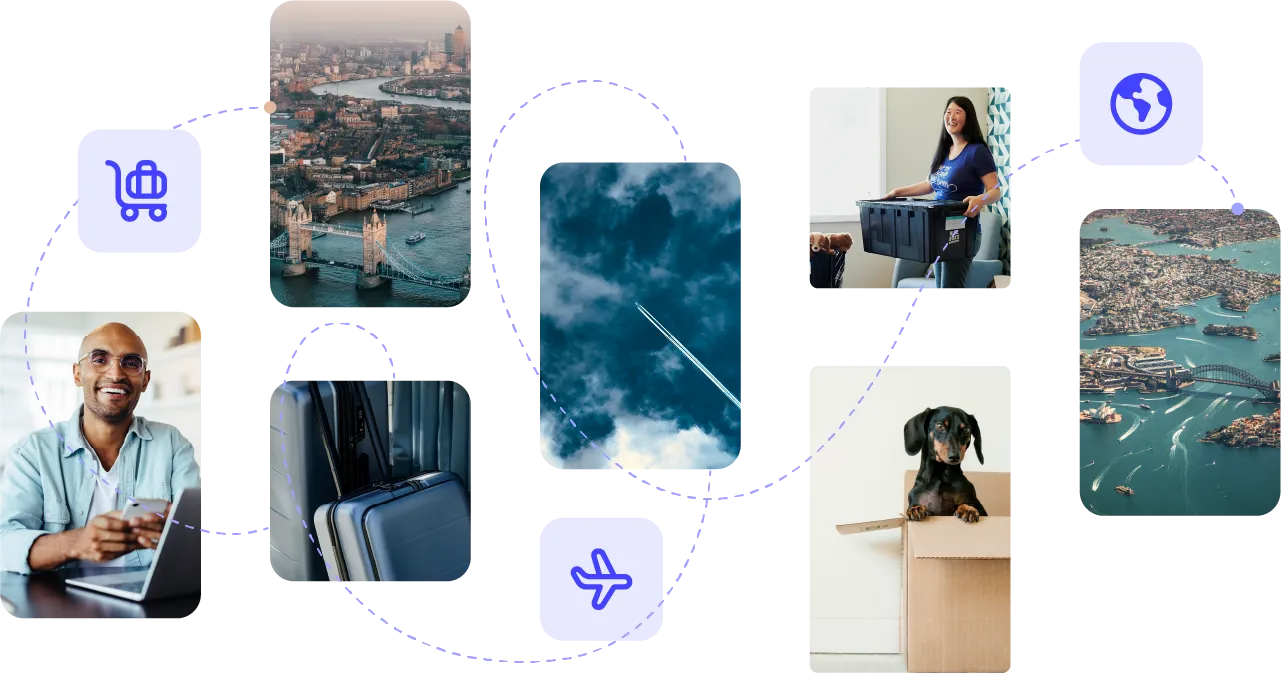 Collage of images showing moving places, travelling, cities from above