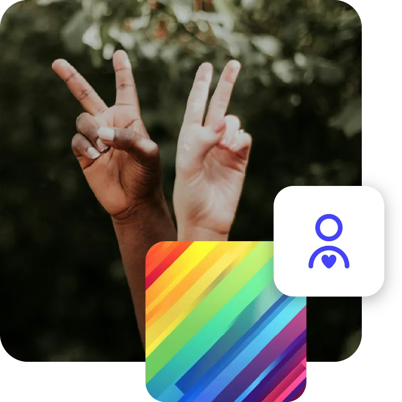 Collage of images, closeup of black and white hands, showing victory gesture, abstract background in rainbow colours and icon symbolising love and care