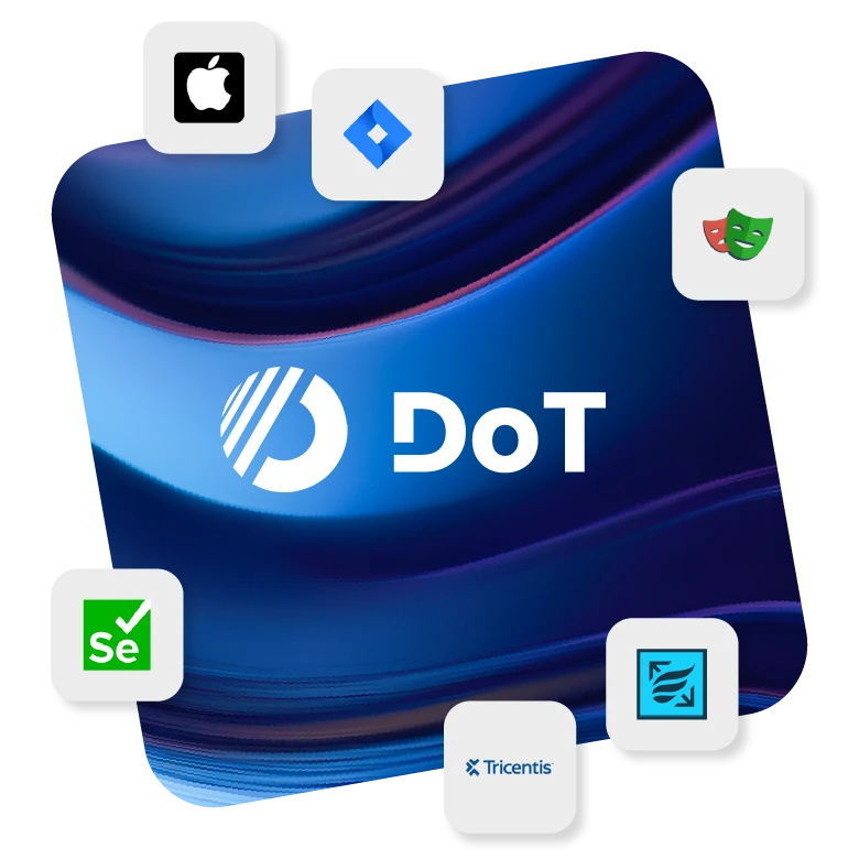 DoT App logo in the center, surrounded by logos of Jira, Playwright, Selenium, Apple Store, Tosca and Zephyr Scale