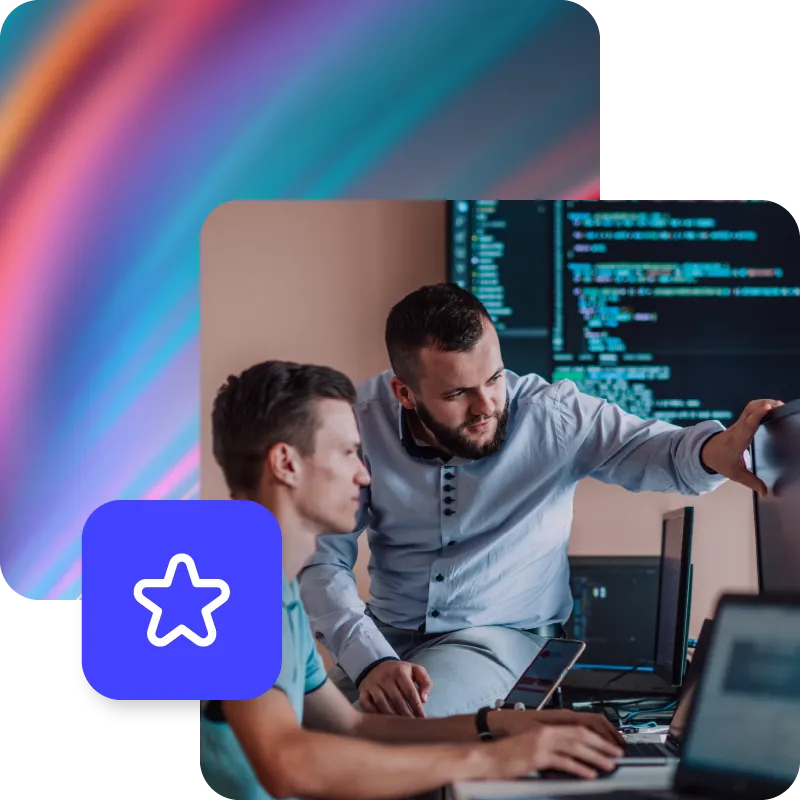 Two programmers engrossed in deep collaboration, working together to solve problems, explaining code to each other, paired with star icon