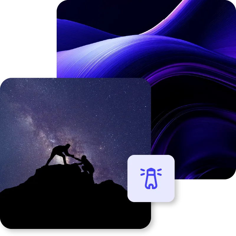 Collage of images, abstract background paired with lighthouse icon and a silhouette photo of a person giving hand to another person below and trying to help them climb the top of a mountain, against the background of a starry night